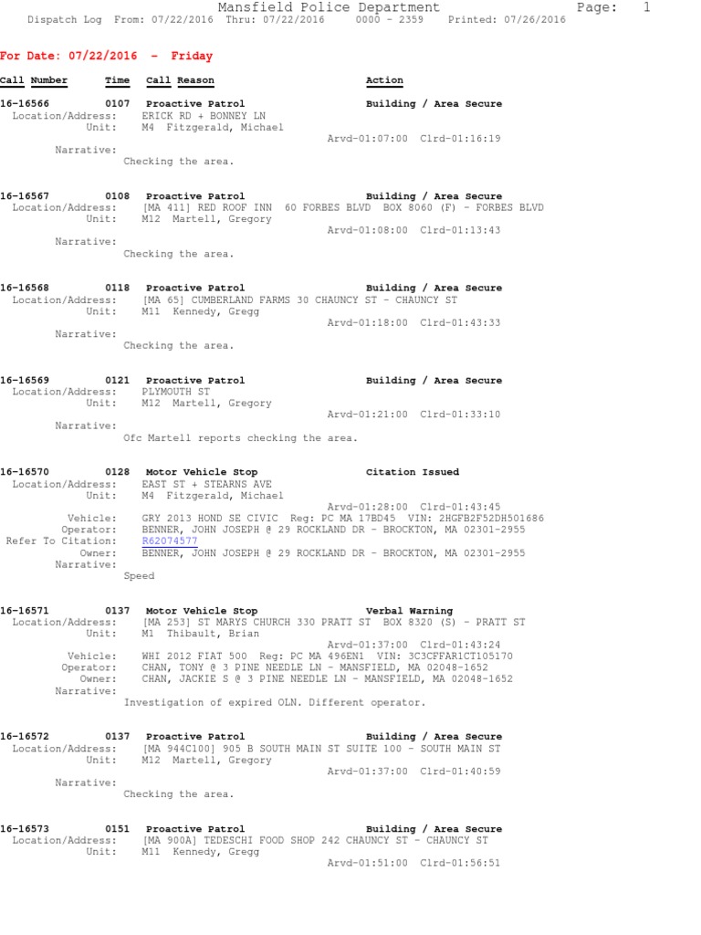 Mansfield Police Dispatch Log 07/22/2016 | PDF | Vehicles | Transport