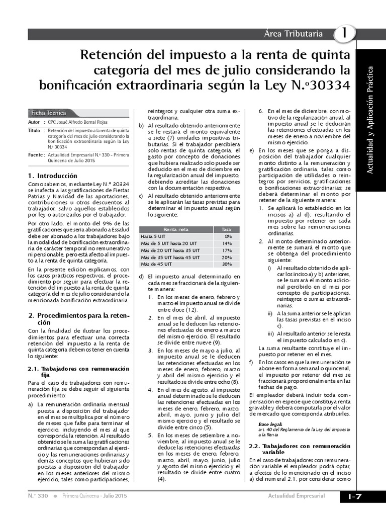 Retencion Del Impuesto A La Renta de 5ta Categoria | PDF | Salario ...