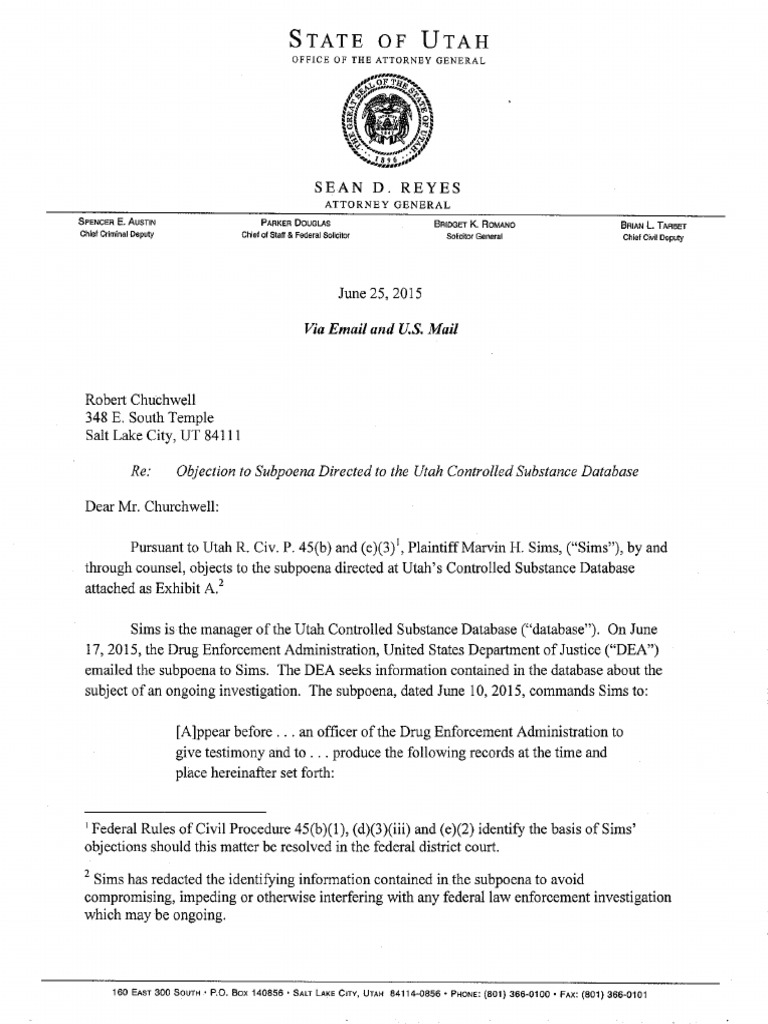 DEA database subpoena letter Pharmacy Medical Prescription