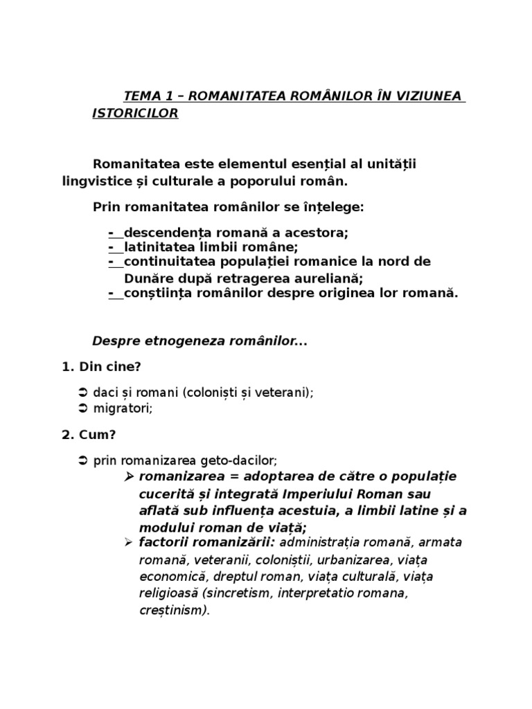 Romanitatea Romanilor In Viziunea Istoricilor Schita Lectiei TEMA 1 Istorie | PDF
