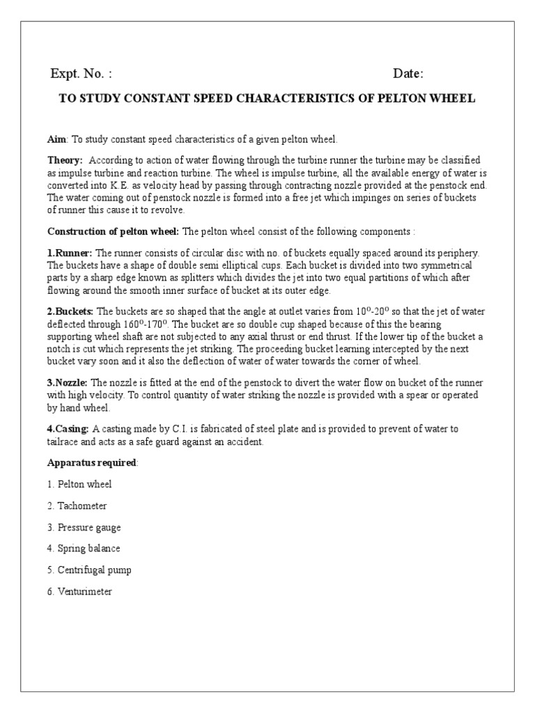 Study of Pelton Wheel Characteristics | PDF