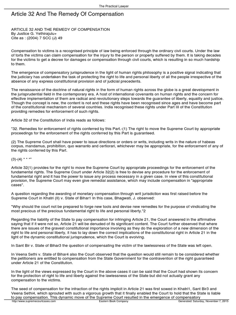 Article 32: Compensation for Rights Violations | PDF | Writ | Tort