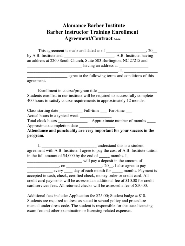 barber instructor training agreement enrollment form Fee Test