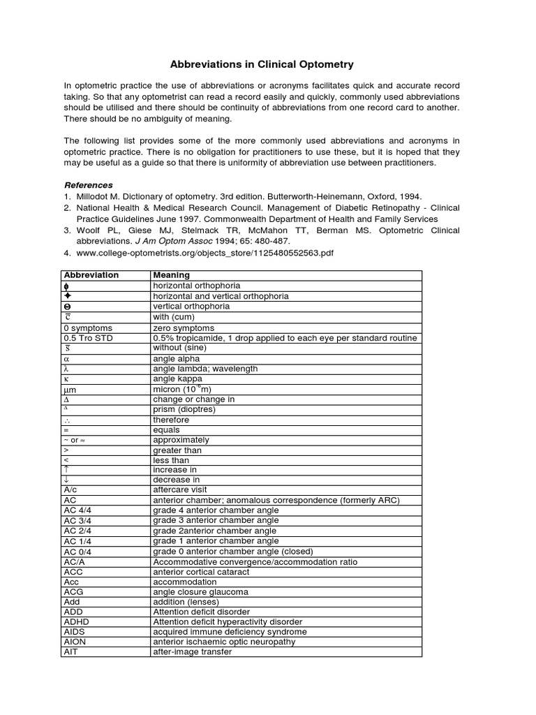 Abbreviations Record Keeping Eye