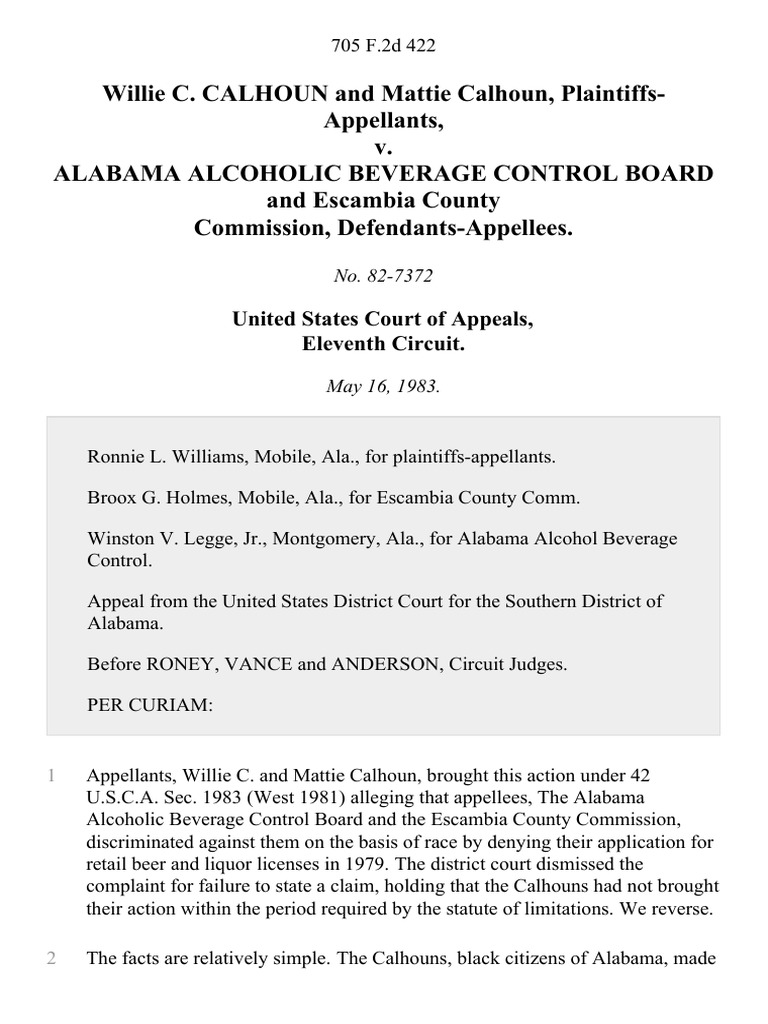 Willie C. Calhoun and Mattie Calhoun v. Alabama Alcoholic Beverage