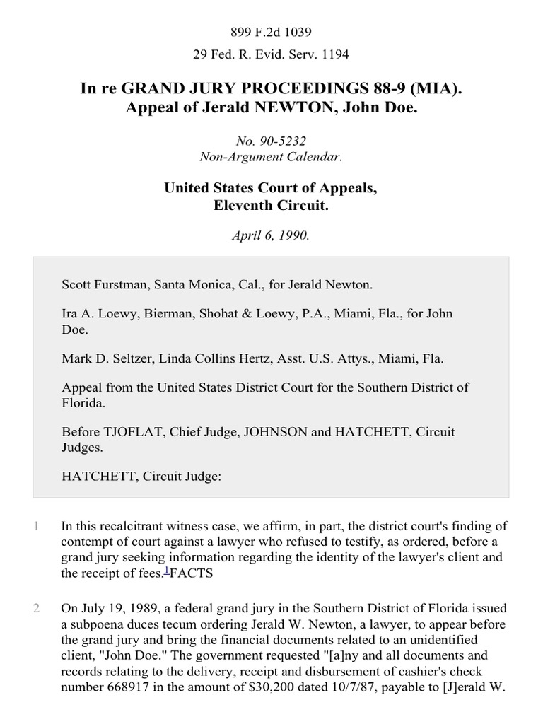 In Re Grand Jury Proceedings 889 (Mia) Appeal of Jerald Newton, John Doe, 899 F.2d 1039, 11th