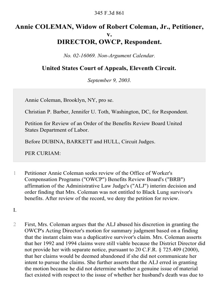Coleman v director owcp 345 f 3d 861 11th cir 2003 pdf