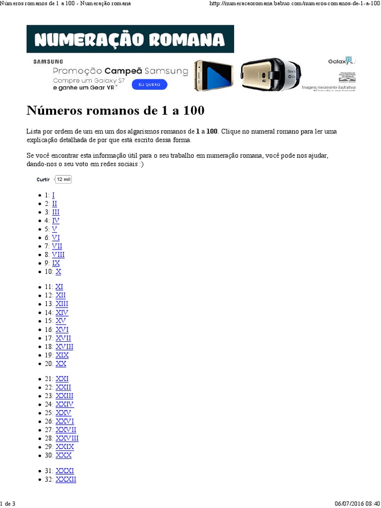 Números Romanos de 1 A 100 - Numeração Romana PDF | PDF