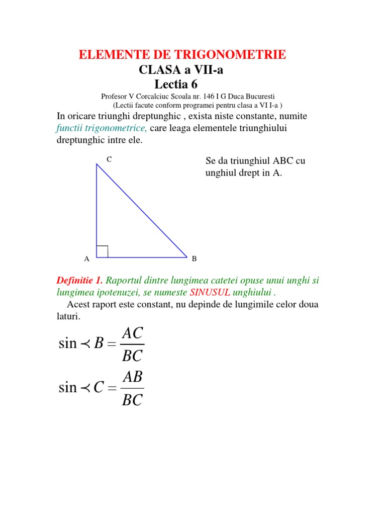 Elemente de Trigonometrie - Sin, Cos, TG, Ctg. | PDF