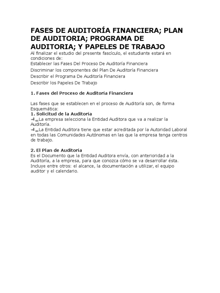 Fases de Auditoría Financiera | PDF | Auditoría financiera | Contralor