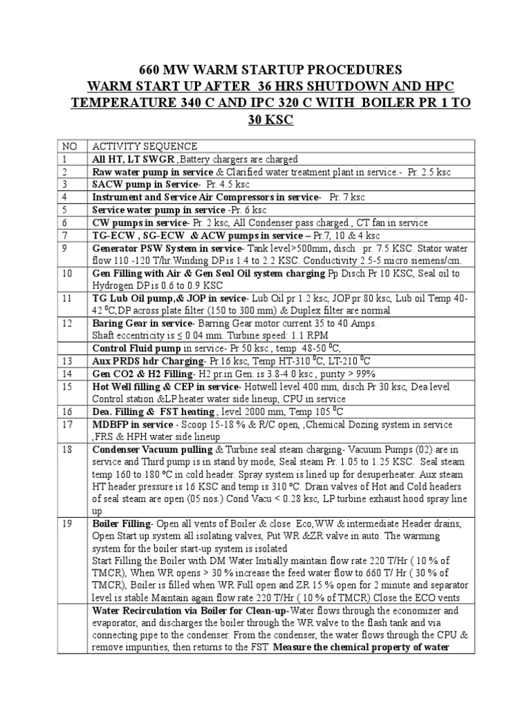 660 MW Warm Startup Procedures Warm Start Up After 36 Hrs Shutdown and