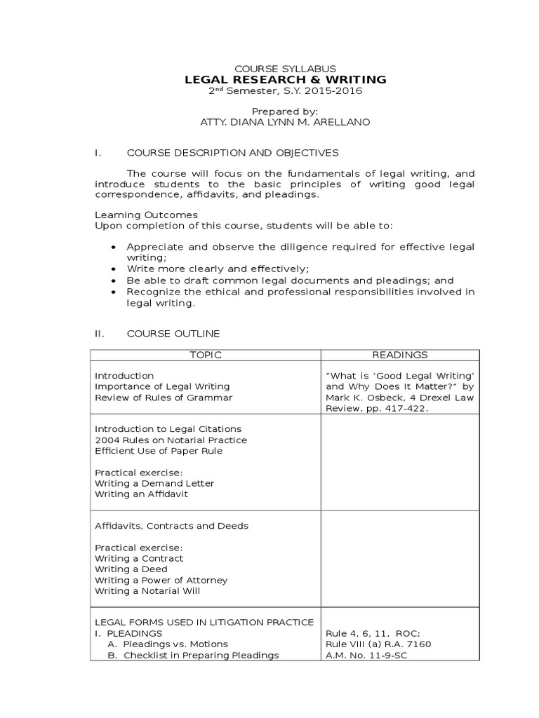 Course Syllabus Legal Writing | PDF | Pleading | Writ