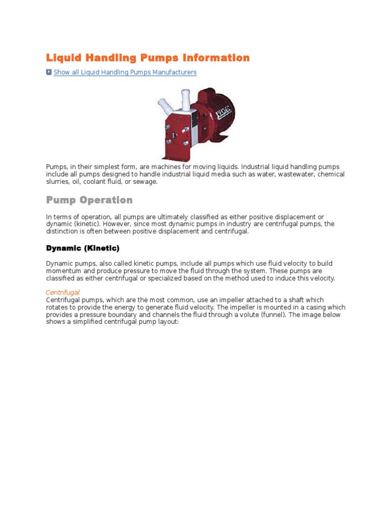 Liquid Handling Pumps Information PDF Pump Pressure