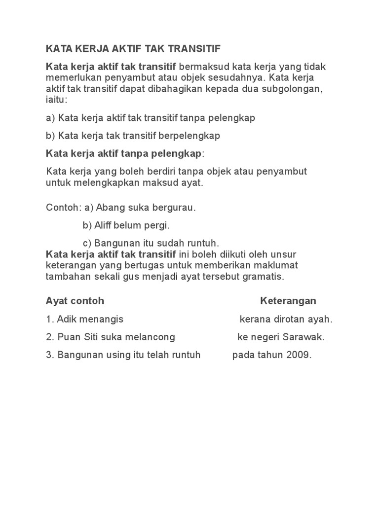 Kata Kerja Aktif Tak Transitif