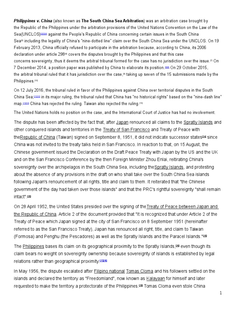 Philippines v. China (Also Known As The South China Sea Arbitration ...