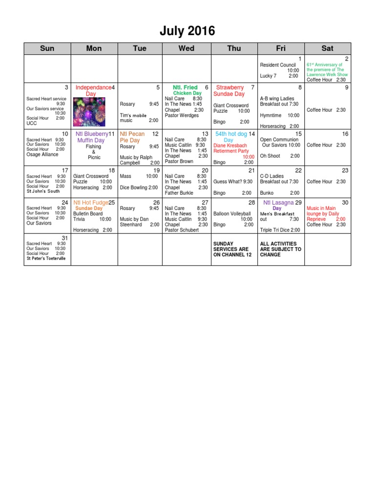 Nursing Home Activities July 2016 | PDF | Leisure