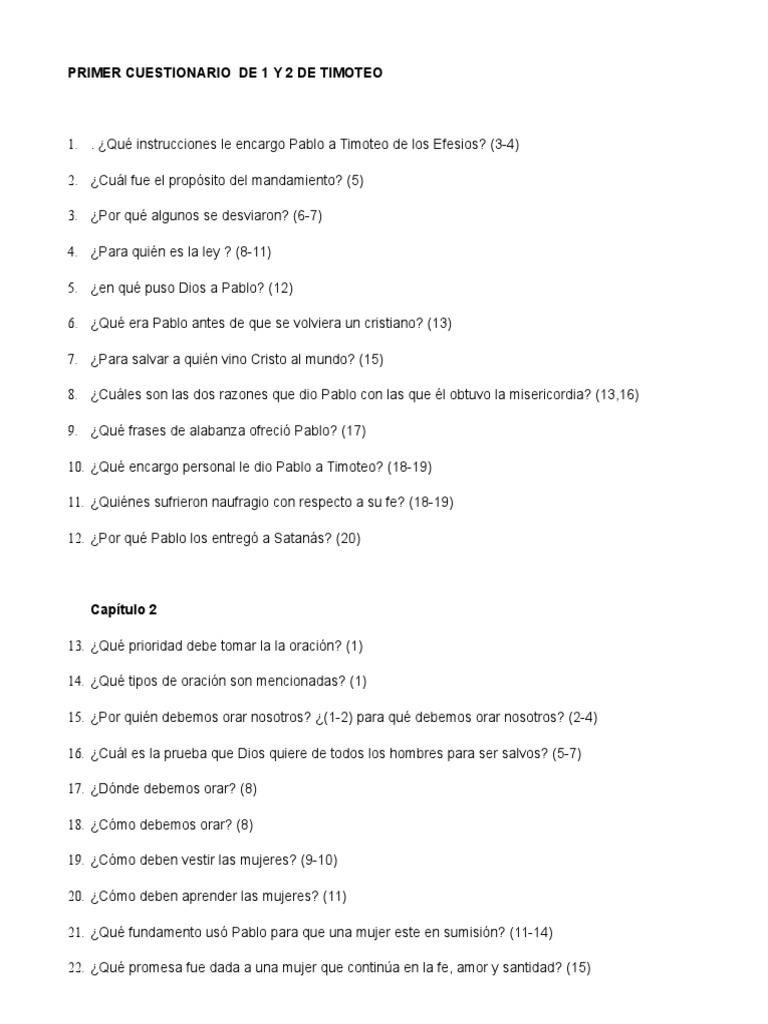 Cuestionario de 1 y 2 de Timoteo | Pablo el apóstol | Fe
