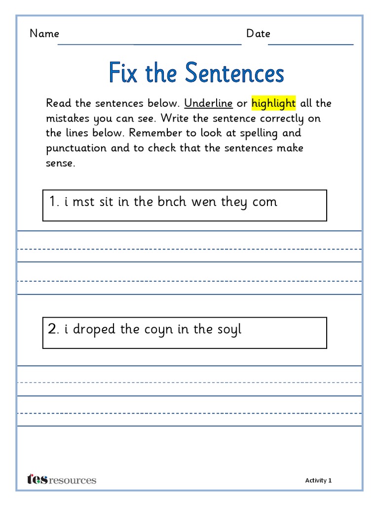 Fix The Sentences - Worksheets With Guidelines | PDF | Text | Writing