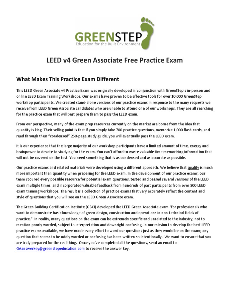 GreenStep Free LEED v4 Practice Exam - 270716 (25 Q) | PDF | Leadership ...