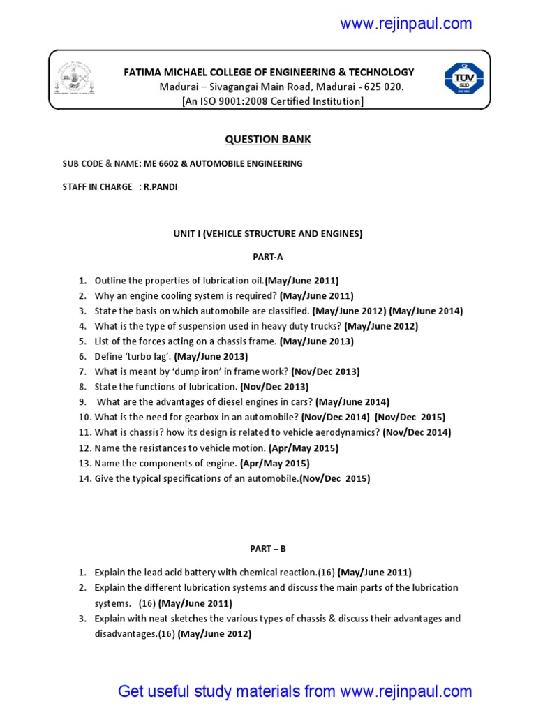 Regulation 2017 5th Semester Question Bank Part A  Part B 