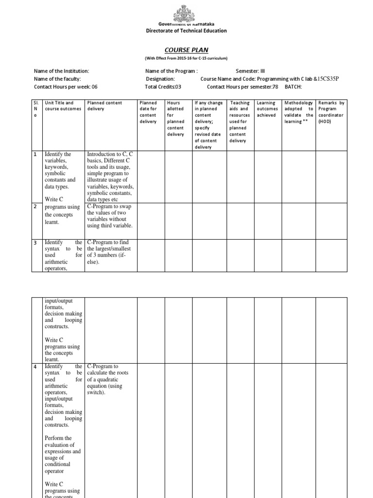 C Programming Lab Course Plan 2015-16 | PDF | C (Programming Language ...
