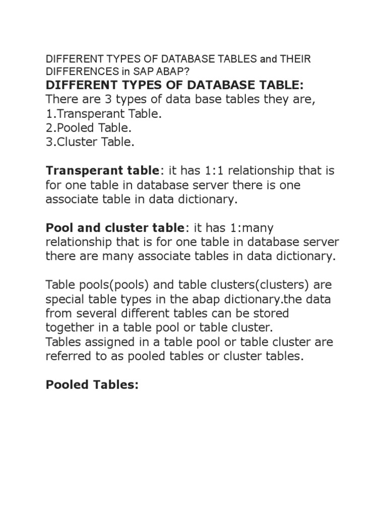 Different Types of Database Tables and Their Differences in Sap Abap | PDF