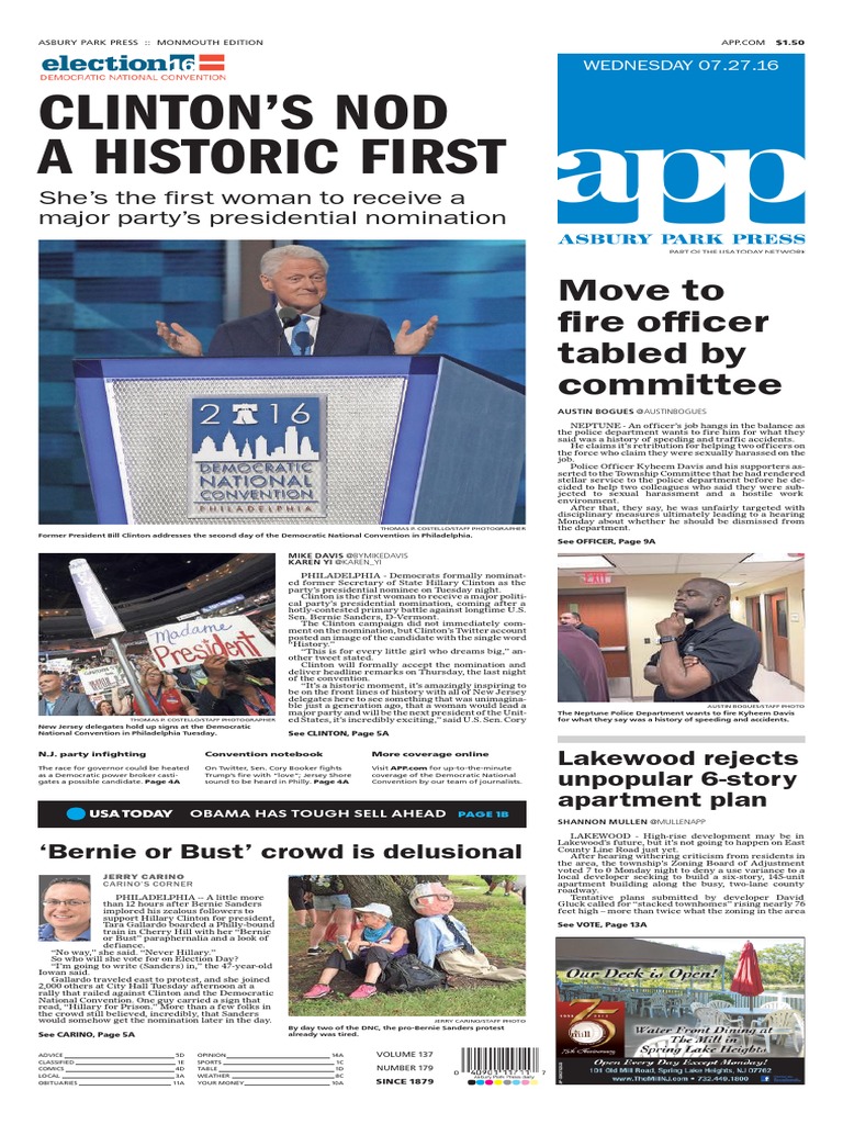 Asbury Park Press Front Page Wednesday, July 27 2016 PDF 2016