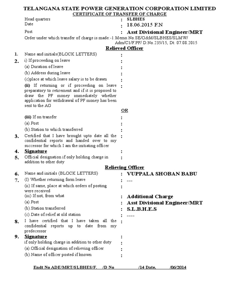 Relieved Officer: Certificate of Transfer of Charge Slbhes | PDF