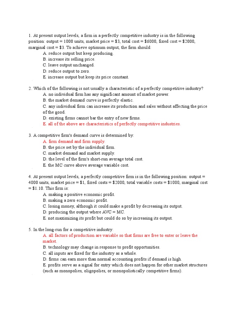 MCQ Questions Related 2 Perfect Competitive Market PDF Perfect