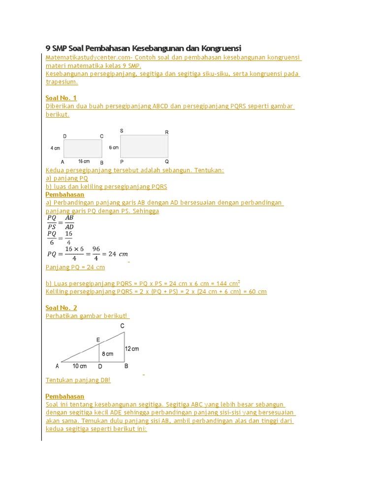 9 Smp Soal Pembahasan Kesebangunan Dan Kongruensi