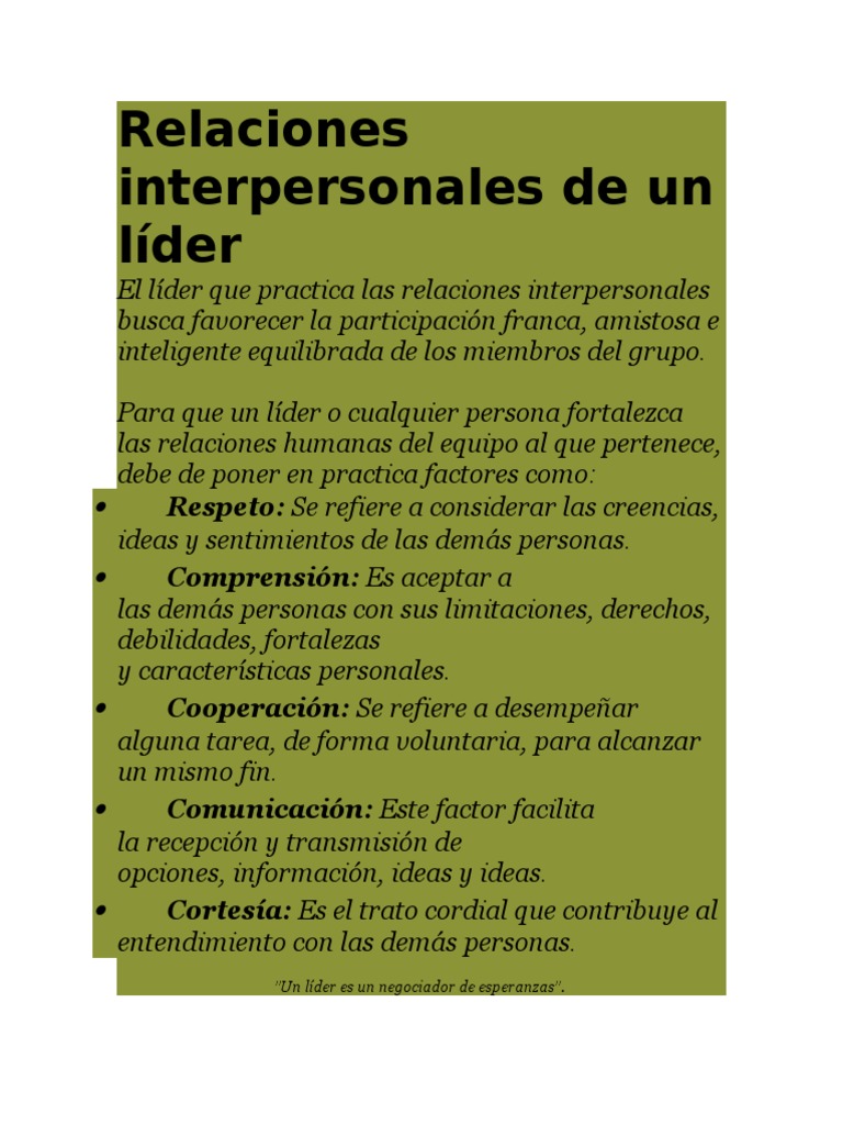 Relaciones Interpersonales de Un L+¡der | PDF | Liderazgo | Sicología