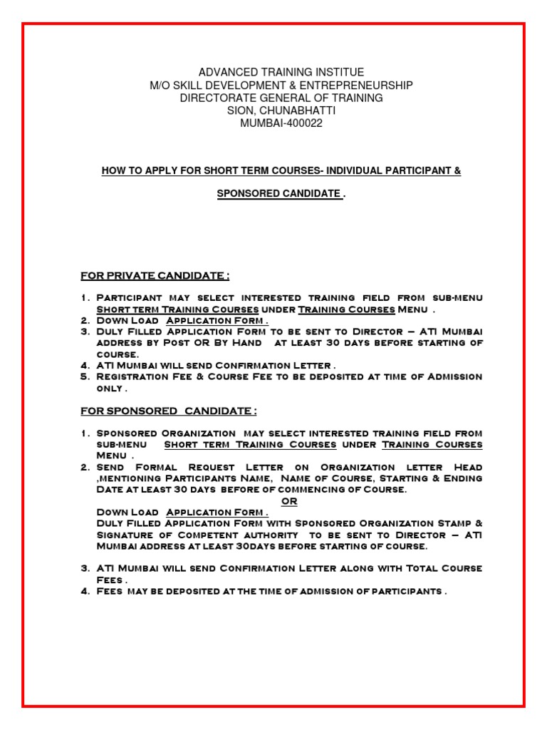 Apply for Short Term Courses at ATI | PDF
