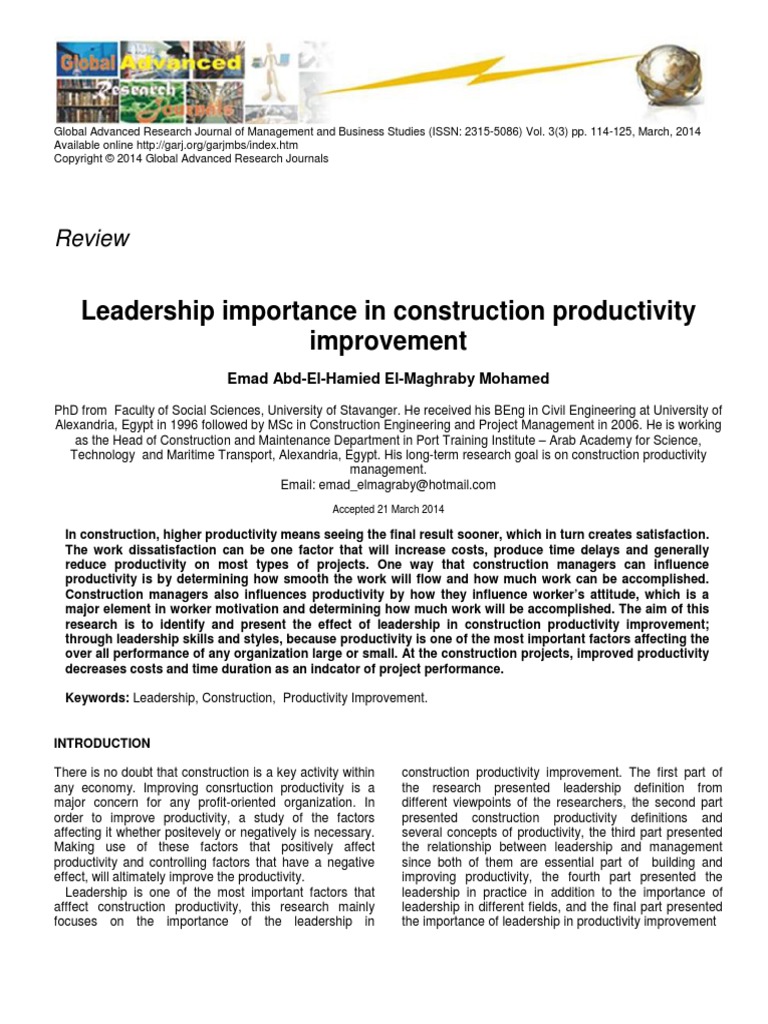 Leadership Importance in Construction Productivity Improvement PDF | PDF