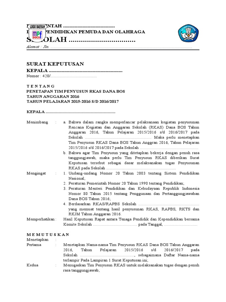 SK Tim Penyusun RKAS Dana BOS 2016 | PDF