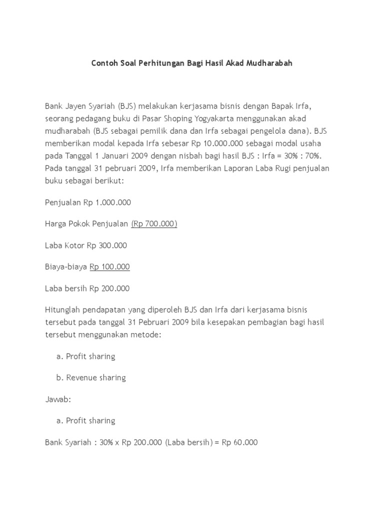 Contoh Soal Perhitungan Bagi Hasil Akad Mudharabah