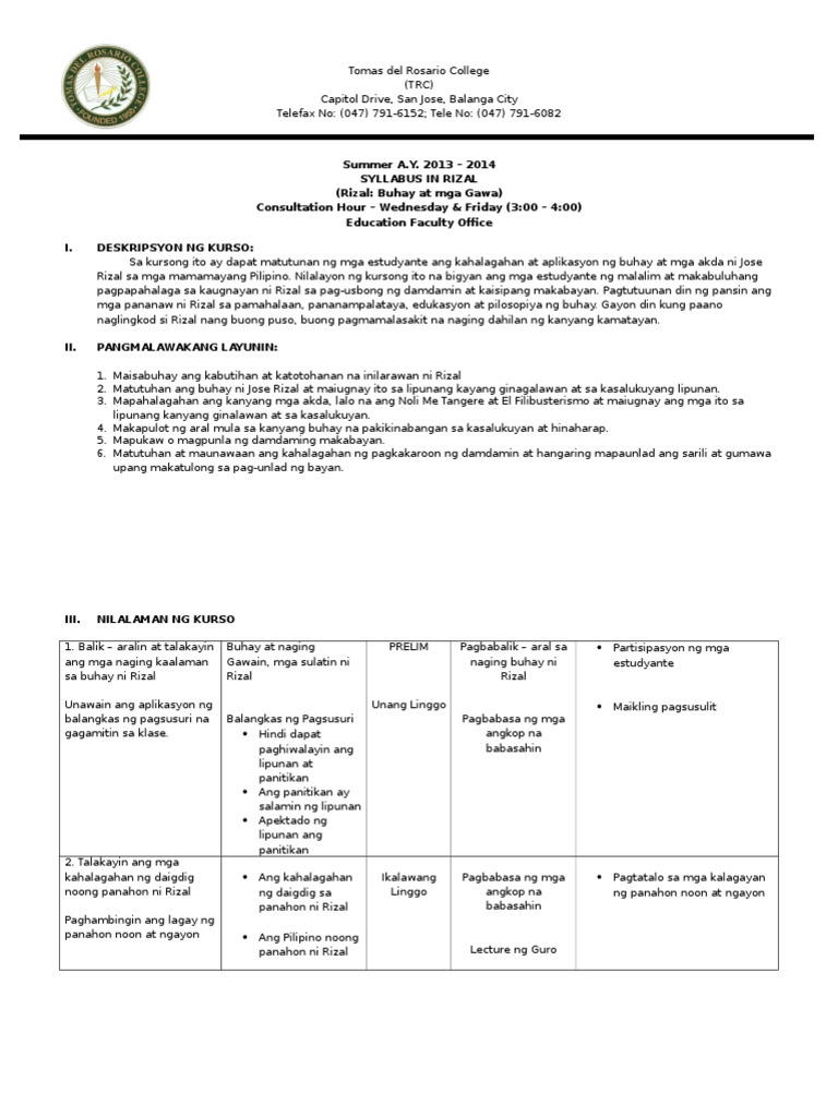 Syllabus in Rizal | PDF