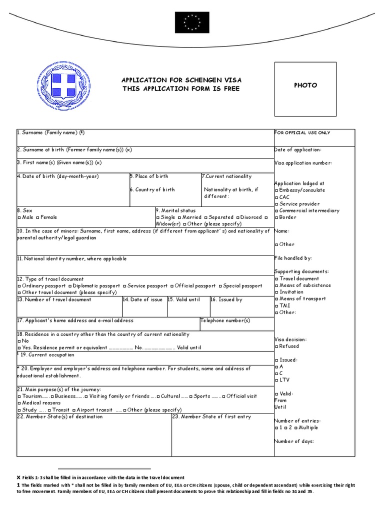 Schengen Visa Application Form Greece Travel Visa Passport