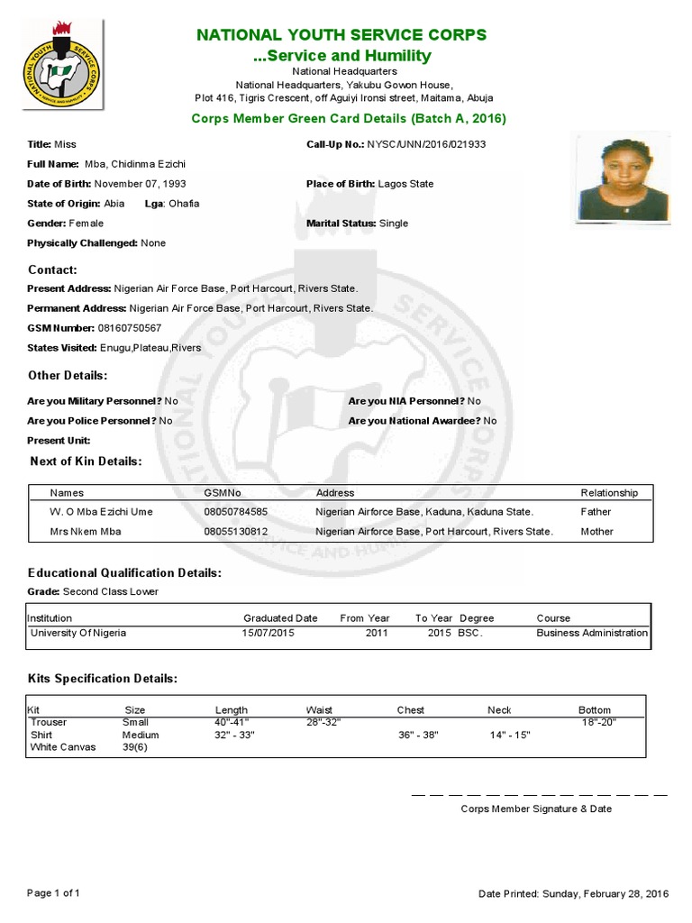 NYSC Corps Member Green Card 2016 | PDF