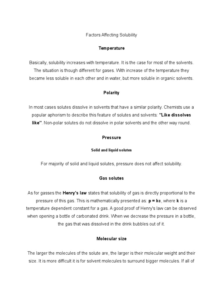 Factors Affecting Solubility | PDF | Solution | Solubility