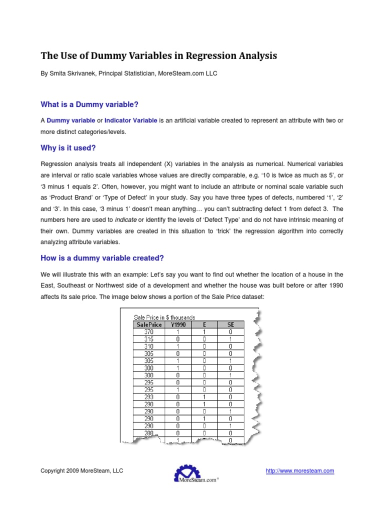 The Use of Dummy Variables in Regression Analysis Dummy Variable