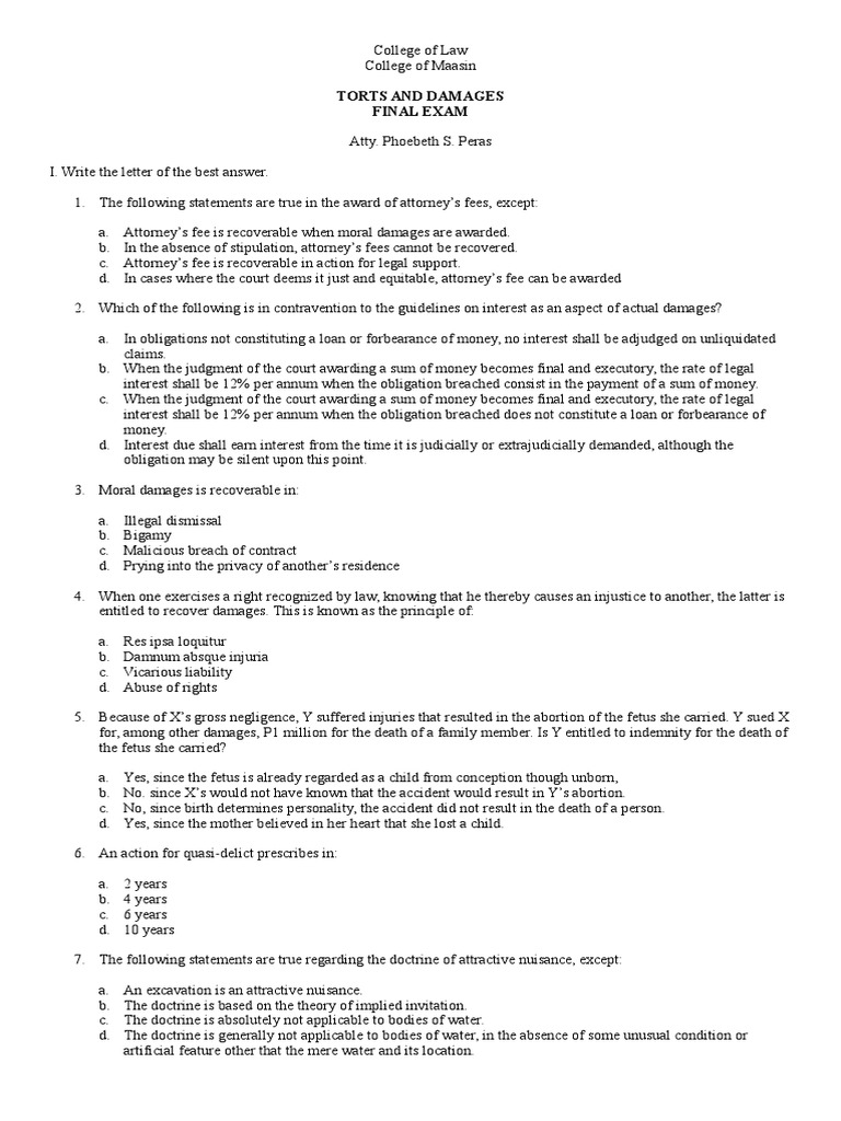 Torts and Damages Final Exam Guide | PDF | Damages | Attorney's Fee