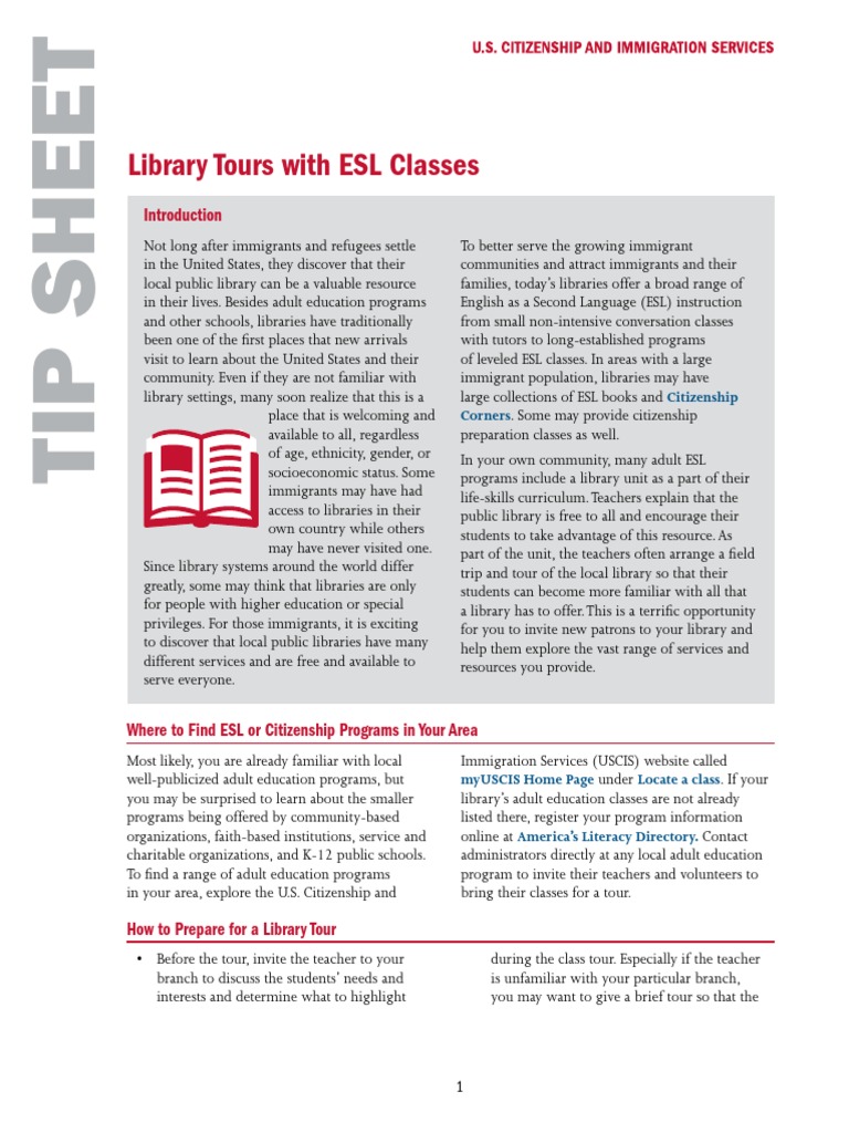 ESL Library Tours for Immigrants | PDF | English As A Second Or Foreign ...