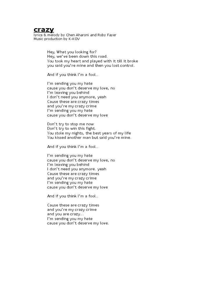 Crazy: Lyrics & Melody by Chen Aharoni and Roby Fayer Music Production ...