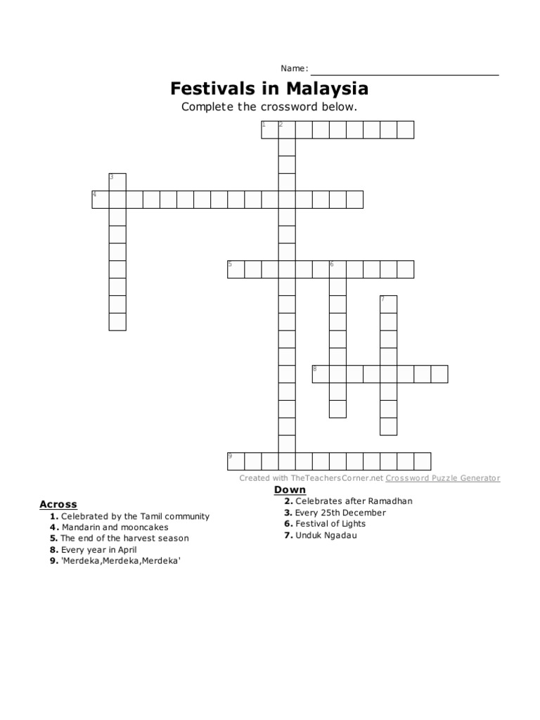 Festivals in Malaysia Complete The Crossword Below PDF