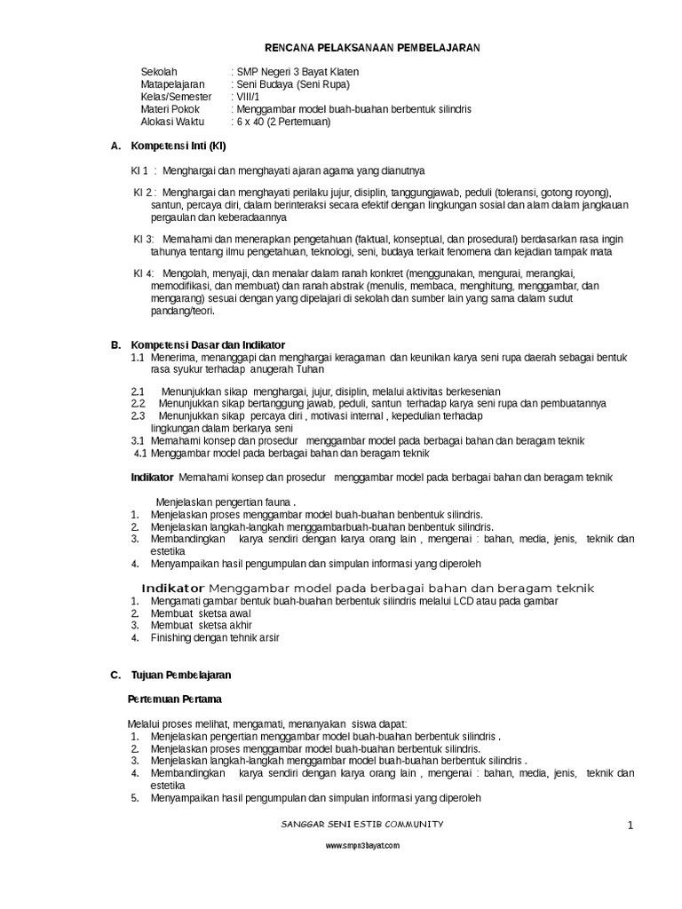 Rpp Seni Budaya Smp Kelas 8 Semester 1 Smpn 3 Bayat Klaten Pdf