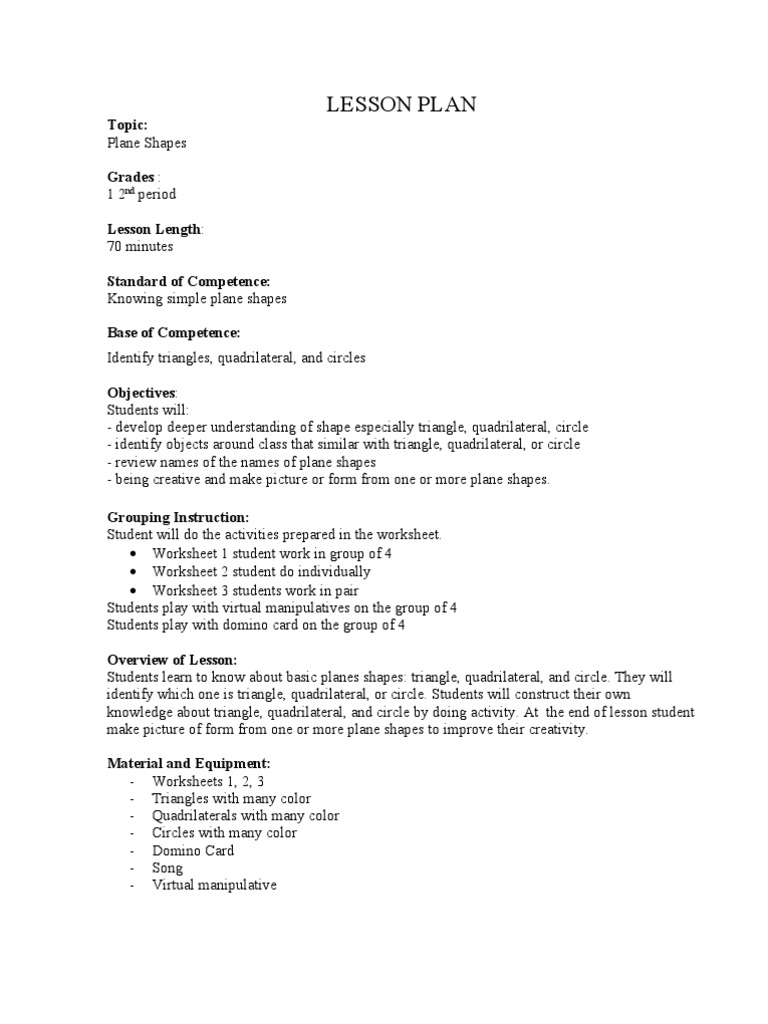 Plane Shapes Lesson Plan for Grades 1-5 | PDF | Shape | Circle