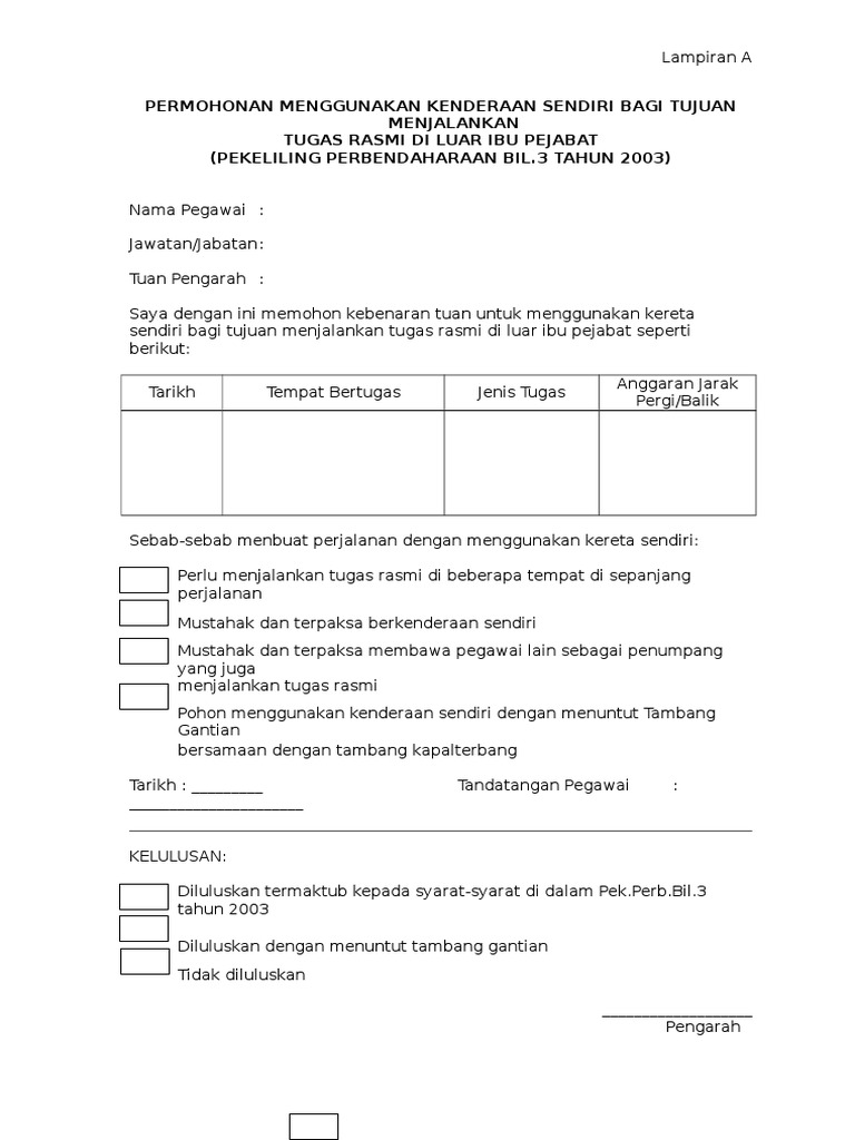 Permohonan Menggunakan Kenderaan Sendiri