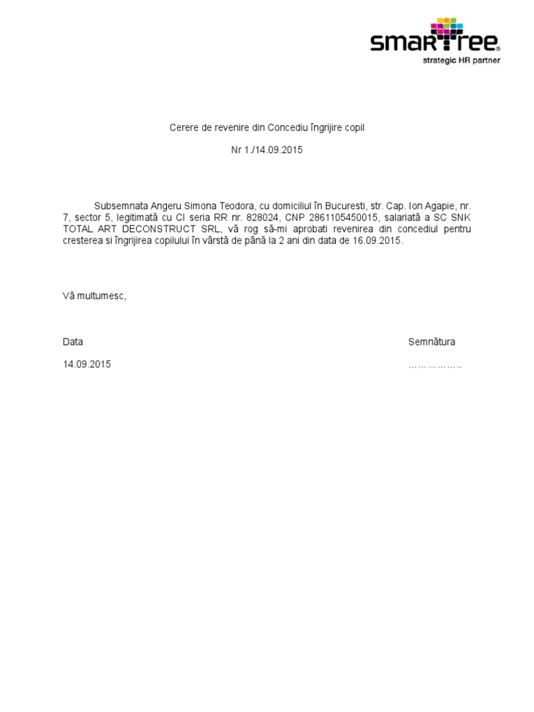 Model Cerere Revenire Din Concediu Crestere Copil