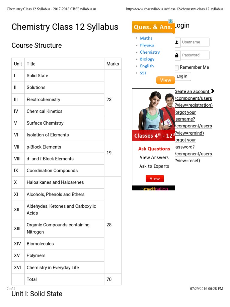 CBSE Class 12 Chemistry Syllabus | PDF | Business | Science & Mathematics
