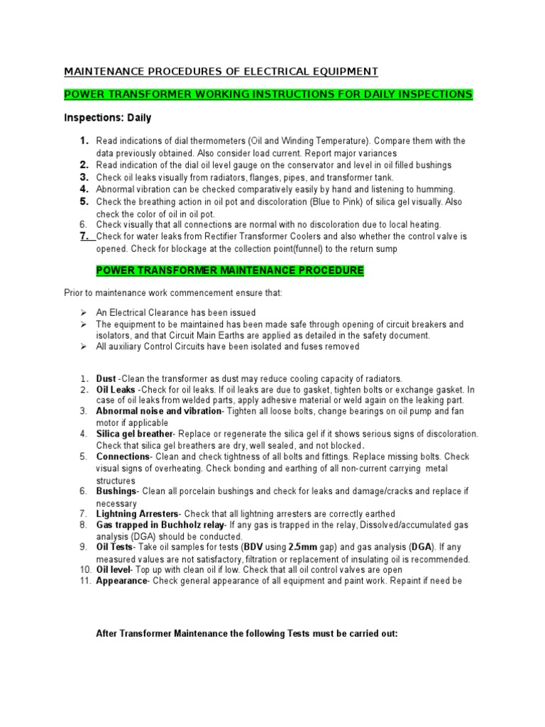 Electrical Equipment Maintenance Procedures | PDF | Battery ...